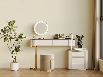 Modern White Gold Dressing Table With Round Mirror Stool Green Plant And Storage Drawers 3d model