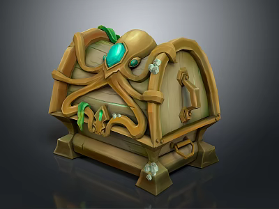 Wooden Storage Chest With Octopus Tentacle Decoration Green Gemstone Small Crystals And Metal Clasps 3d model