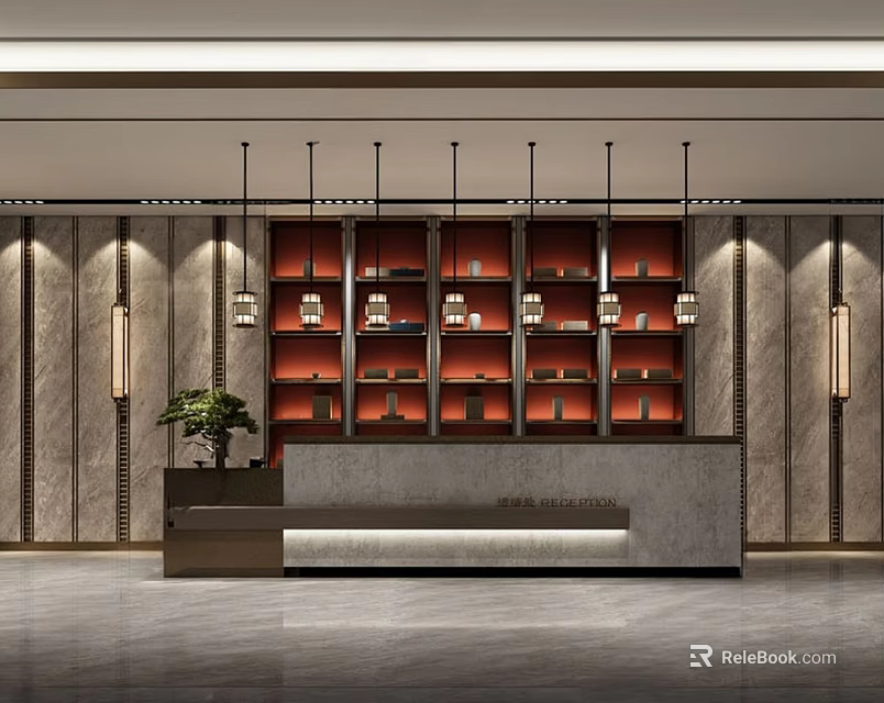 Modern Front Desk Reception Area With Stone Desk Decorative Wall Display Shelves And Hanging Lights 3d model 