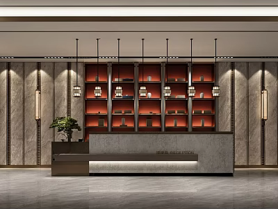 Modern Front Desk Reception Area With Stone Desk Decorative Wall Display Shelves And Hanging Lights 3d model