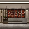 Modern Front Desk Reception Area With Stone Desk Decorative Wall Display Shelves And Hanging Lights