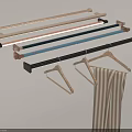 Different Colored Hanger Rods With Wooden Hangers And Striped Fabric For Closet