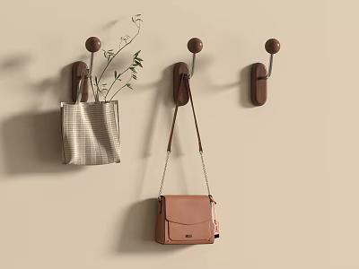 Brown Wall Hooks On Beige Wall With Checkered Bag Plants And Brown Bag 3d model
