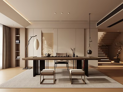 Serene Tea Room Interior Design With Long Wooden Table Tea Set Stools And Floor Lamp 3d model