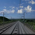 Cartoon Scene of High Viaduct Railway Tracks Green Hills and Pink Flowers Under Blue Sky