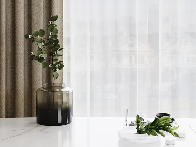 Dark Vase With Eucalyptus Leaves On White Marble Countertop By Sheer Curtains And Natural Light 3d model