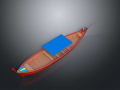 Red Small Boat With Blue Canopy Wooden Deck And Yellow Blue Bow Decoration 3d model