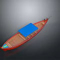 Red Small Boat With Blue Canopy Wooden Deck And Yellow Blue Bow Decoration