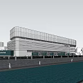 Modern Industrial Park Building With Waterfront Walkway Pedestrians And Retail Shops