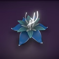 Cartoon Scene Featuring Blue Flower with Green Petals and White Glowing Lines on Purple Background