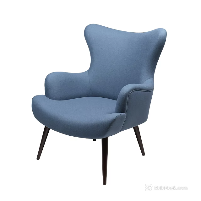 Elegant Blue Upholstered Accent Chair with High Wing Back and Wooden Legs Design 3d model 