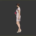 A Woman in Pink Checkered Dress Holding Pink Notebook Standing on Grey Background