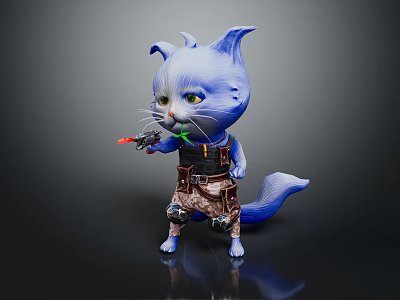 Anthropomorphic Blue Cat Game Movie Character Standing With Red Green Toy Gun And Tail 3d model