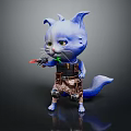 Anthropomorphic Blue Cat Game Movie Character Standing With Red Green Toy Gun And Tail