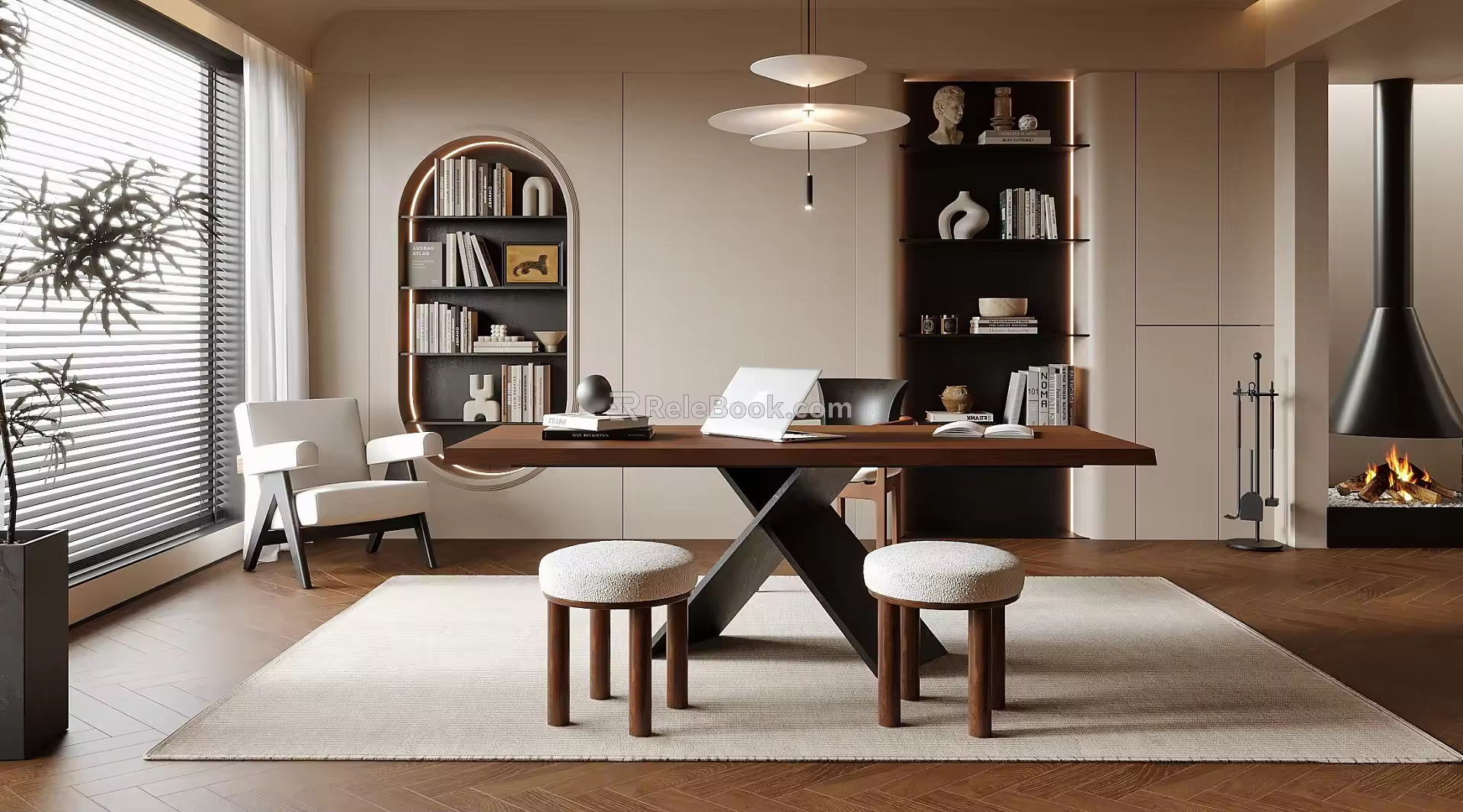 Middle Style Study Desk Bookcase Chandelier Round Stool 3d model