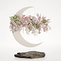 Floral Display with Hanging Crescent Moon Shape and Pink White Green Flowers on Stone Base