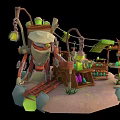 Cartoon Scene With Mechanical Robot Hanging Lantern Wooden Shelves Colorful Bottles Railway Track And Rocks