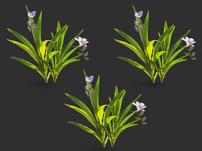 Vibrant Green Plants With Purple Small Flowers And Long Fresh Leaves 3d model