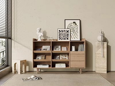 Modern Wooden Bookcase With Open Shelves Books Decorative Items Sculpture And Framed Art On Top 3d model