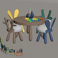 Cute Doll On Wooden Table With Rabbit Shaped Chairs Colorful Blocks And Wooden Train Toy