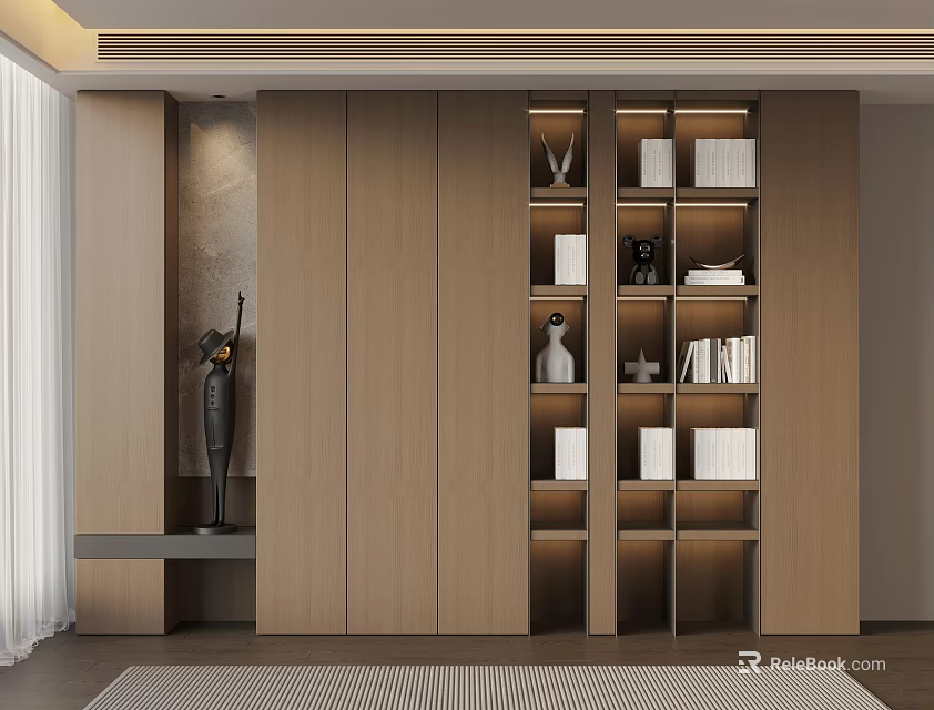 Modern Wooden Bookcase Interior Design With Multiple Shelves Books And Decorative Items 3d model 