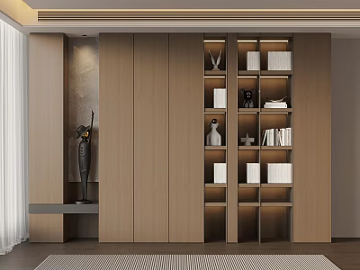 Modern Wooden Bookcase Interior Design With Multiple Shelves Books And Decorative Items 3d model