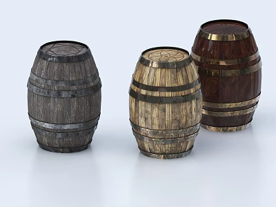 Three Wooden Barrels With Metal Hoops In Different Colors For Home Living Supplies 3d model