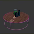 Modern Round Dining Table With Wooden Tabletop Metal Legs Blue Geometric Decor And Gold Vase
