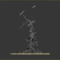 Stacked Metal Weapon Fragments Forming Intertwined Structure On Base Stand