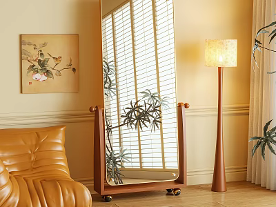 Wooden Frame Floor Mirror With Wheels In Living Room With Leather Sofa And Floor Lamp 3d model