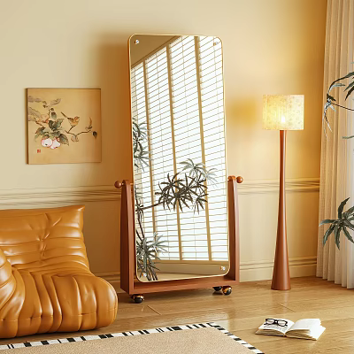 Wooden Frame Floor Mirror With Wheels In Living Room With Leather Sofa And Floor Lamp 3d model