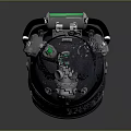 Mechanical Sci Fi Helmet With Metallic Body Green Tubes And Glowing Stripe