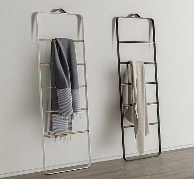 Modern Bathroom Ladder Design Towel Rack With Black White Frame And Gray Beige Towels 3d model