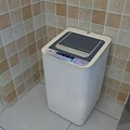 White Washing Machine Placed in Corner with Tiled Wall and Window Viewing Blue Sky