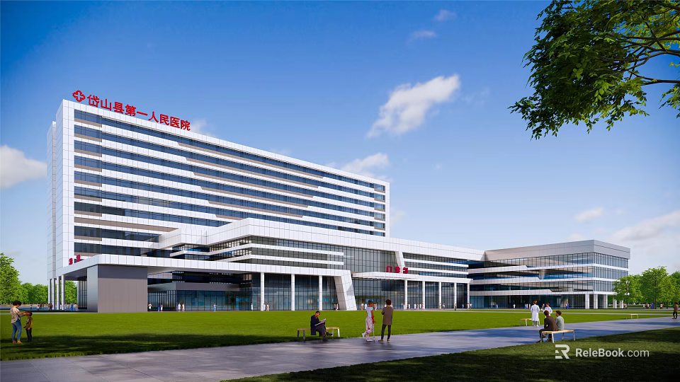Foshan First Peoples Hospital Modern Exterior With Lawn And Pedestrians 3d model 