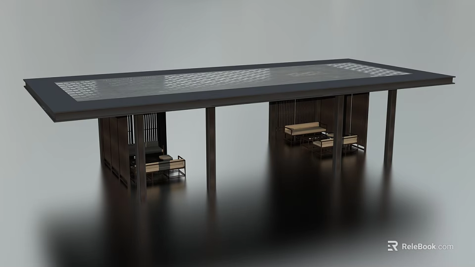 Modern Long Table With Grille Design And Seats In Contemporary Rest Area Interior 3d model 