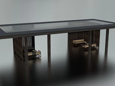 Modern Long Table With Grille Design And Seats In Contemporary Rest Area Interior 3d model
