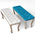 Elegant Blue and White Sofa Bench with Tufted Cushion and Carved Wooden Legs