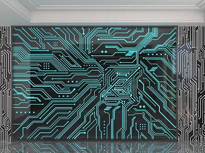 Circuit Board Pattern Background Wall Modern Tech Inspired Design With Turquoise And White Lines 3d model