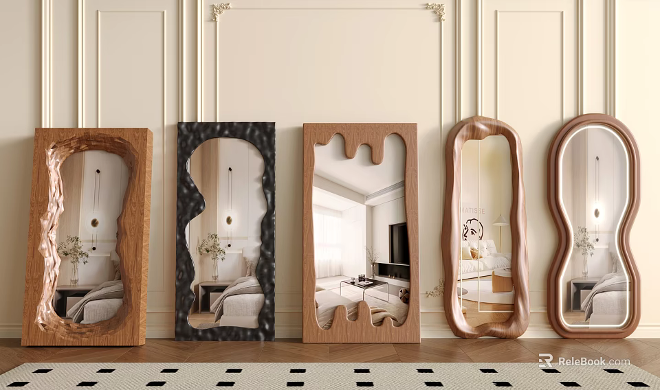 Modern Decorative Mirrors With Wooden And Black Frames In Various Shapes Reflecting Interior Spaces 3d model 