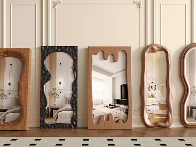Modern Decorative Mirrors With Wooden And Black Frames In Various Shapes Reflecting Interior Spaces 3d model