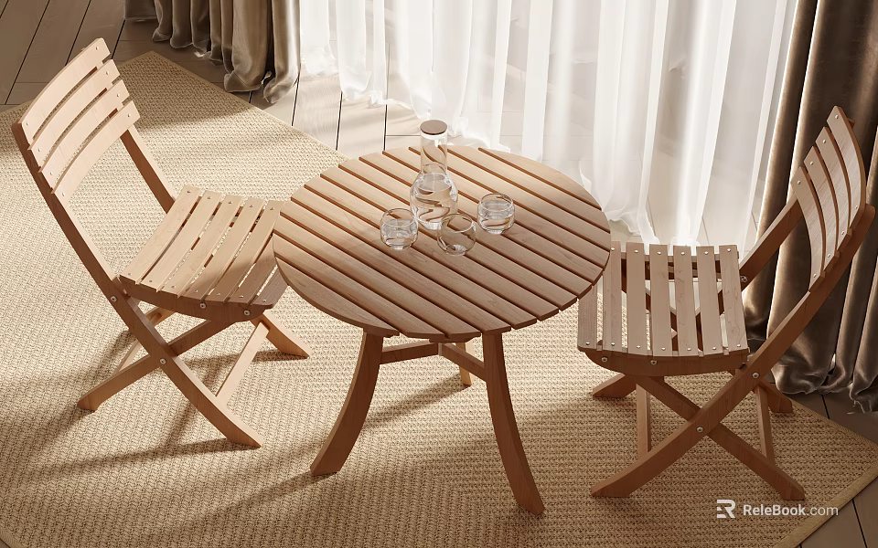 Striped Wooden Round Table And Crossed Leg Chairs Set For Indoor Lounge Area 3d model 