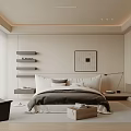 Minimalist Modern Bedroom Interior With Bed Framed Artwork Wall Shelves And Wooden Floor