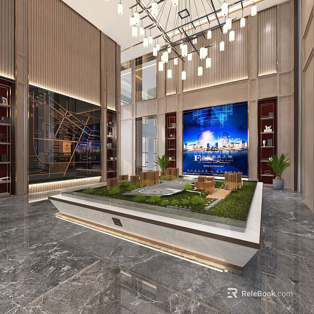 Modern Sales Office Interior With Property Model And Digital Display Screen 3d model
