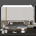 Modern Minimalist Bedroom Interior Design With Bed Pillows Blanket Area Rug And Wooden Bookshelf