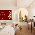 Elegant Living Dining Room with Red Artwork White TV Stand Sofa Green Plants and Chandelier