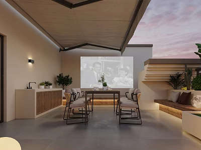 Rooftop Garden With Outdoor Cinema Projector Screen Dining Area And Green Plants 3d model