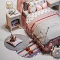 Kids Bed with Pink Canopy Cartoon Pillows Striped Bedding Bedside Tables Lamps and Stuffed Toys