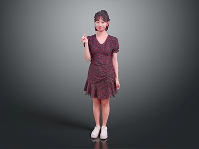 Woman In Red Floral Dress Standing Against Gray Background Holding Small Object With White Shoes 3d model