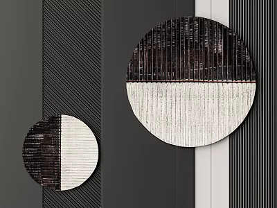 Two Circular Black And White Wall Decor Pieces On Dark Vertical Striped Wall 3d model